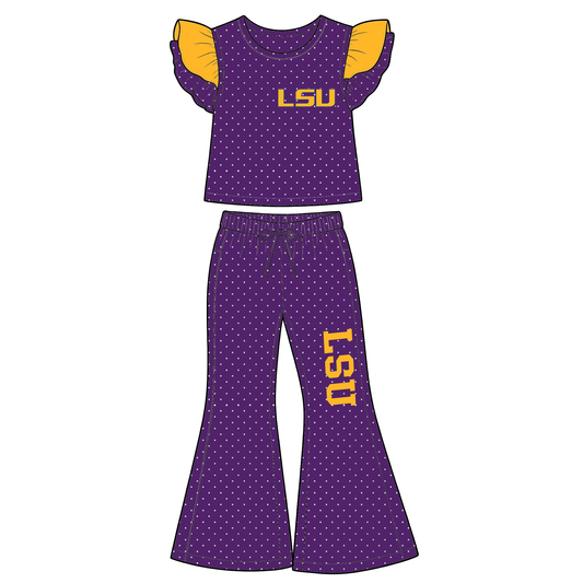 custom moq 5 mix size VACE0101 Baby Girls Team Polka Dot Ruffle Sleeve Top And Flared Bell Bottom Pants Outfit