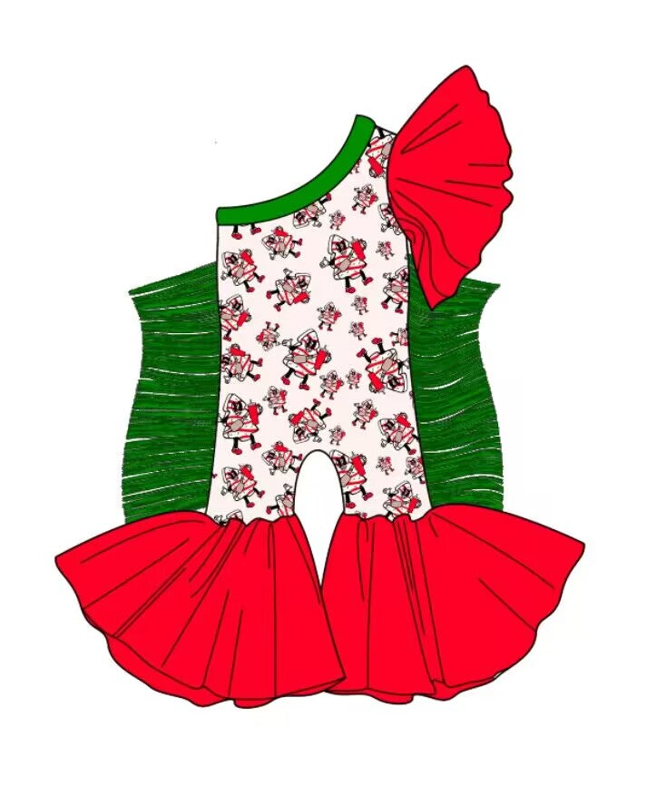 custom moq 5 eta 6-7weeks baby girls clothes Christmas green tassel red One shoulder Summer jumpsuit