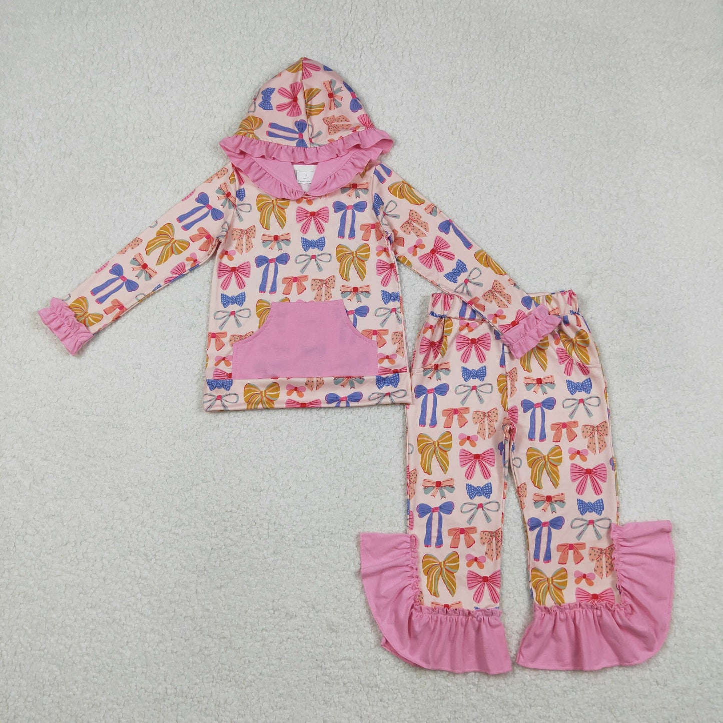 RTS NO MOQ（In Stock) GLP3049 Colorful Bow Pattern Rose Red Pocket Lace Hooded Long-Sleeved Pants Set