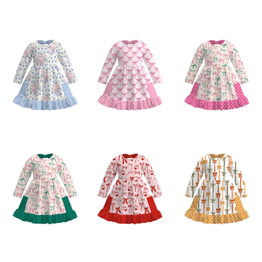 Custom moq 5 each style eta 6-7weeks milk silk baby girls summer bow long sleeves dresses
