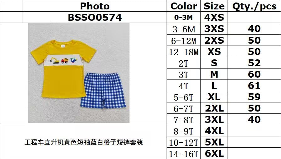 BSSO0574 Engineering vehicle helicopter yellow short-sleeved blue and white plaid shorts suit