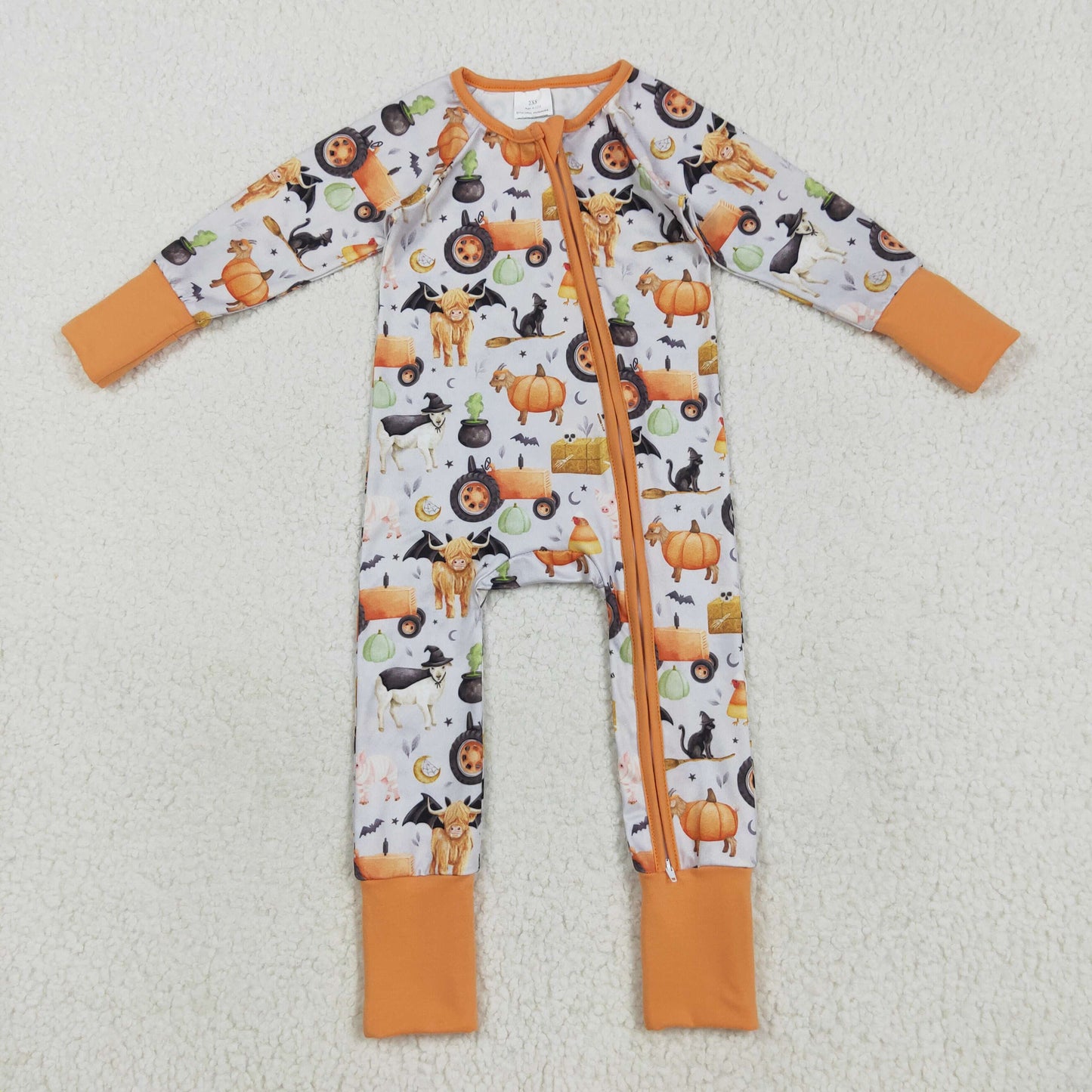 RTS NO MOQ（In Stock) LR2444 Halloween Farm Animal Tractor Orange and Gray Zippered Long-Sleeved Bodysuit