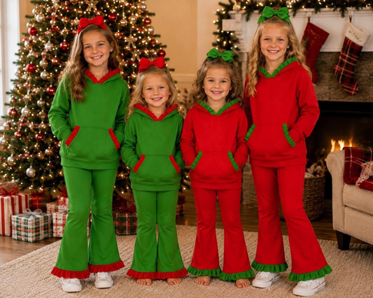 (Preorder new) No moq CHRISTMAS RUFFLE SETS Baby Girls Solid Long Sleeve Hooded Top Ruffle Hem Flare Pant Clothes Set Casual Outfit