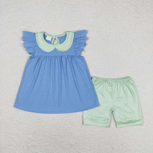 rts no moq GSSO1067 Green striped doll collar blue flying sleeve shorts suit
