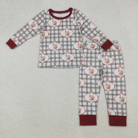 RTS NO MOQ（In Stock) 12/18m-7/8t GLP2885 Bow Pattern Turkey Plaid Long Sleeve Trouser Pajama Set