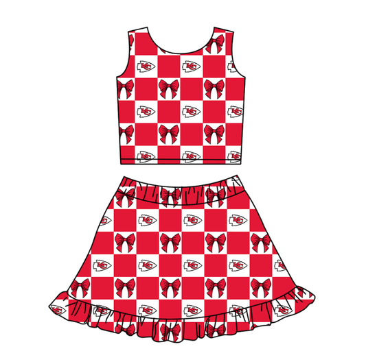 Custom moq 3 or 5 mix size milk silk summer teams baby girl clothes bow red sleeveless skirts sets