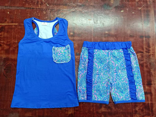 Custom moq 3 eta 6-7weeks baby girls clothes floral pattern blue sleeveless shorts sets-25.5.9