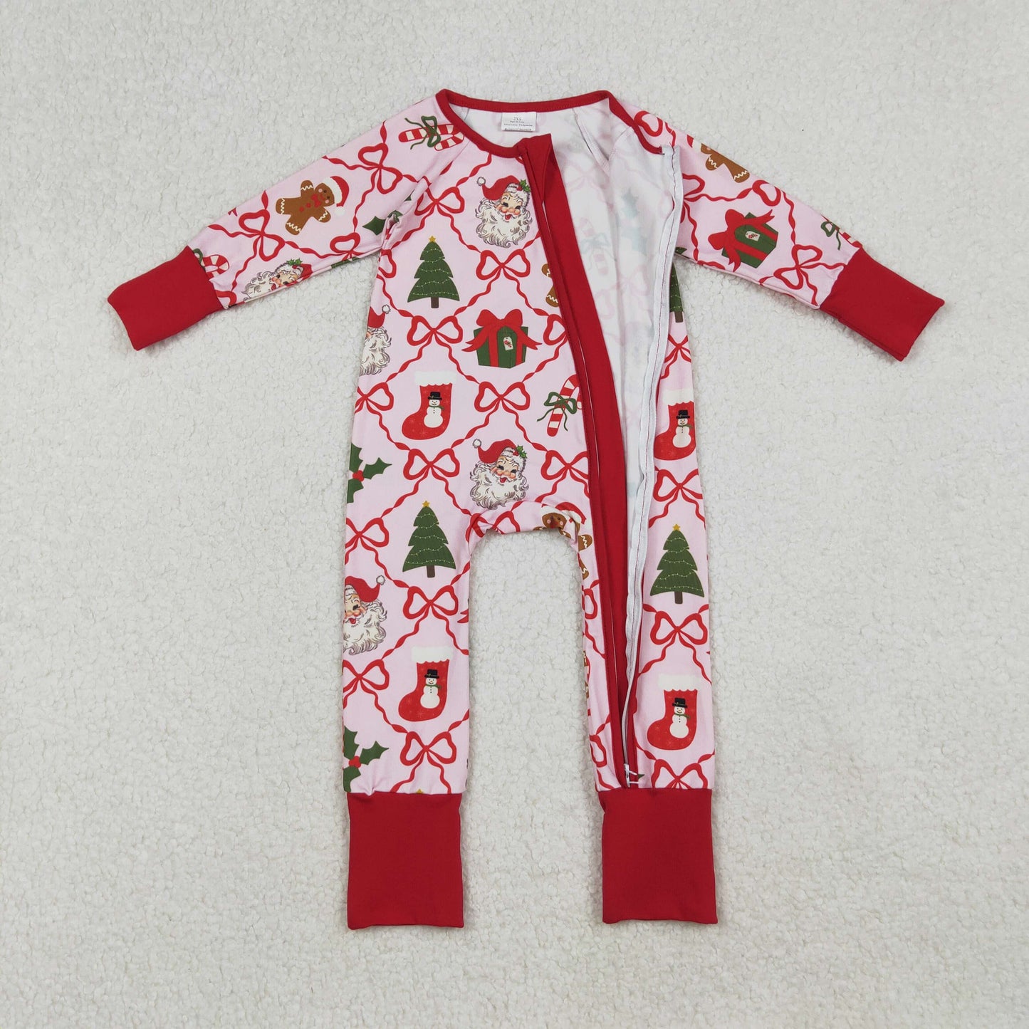RTS NO MOQ（In Stock) LR2632 Santa Claus Stocking Gift Bow Pattern Plaid Pink Zipper Long-Sleeved Bodysuit in Pink