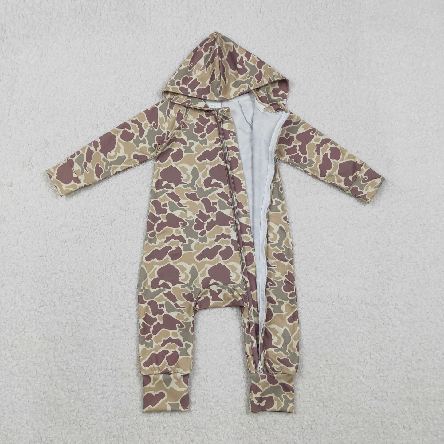 RTS NO MOQ（In Stock ) Light Brown-Green Camouflage Hooded Zipper-Up Long-Sleeve Jumpsuit