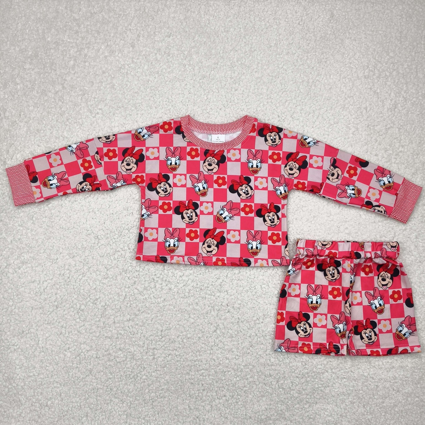 RTS NO MOQ GLS0010 Minnie Donald Duck flower red plaid long sleeve shorts suit