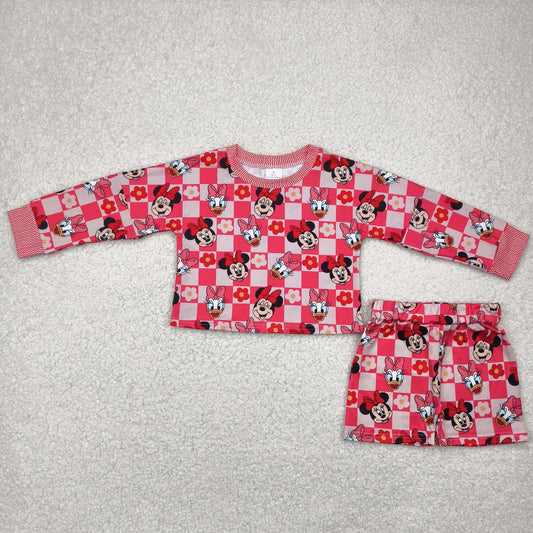 RTS NO MOQ GLS0010 Minnie Donald Duck flower red plaid long sleeve shorts suit