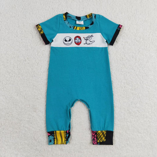 RTS no moq SR1830 The Nightmare Before Christmas patchwork blue-green short-sleeved jumpsuit
