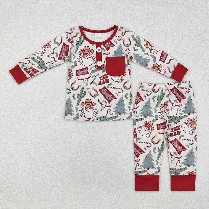 RTS NO MOQ Cowboy Hat Santa Red Long Zip-Up Romper & Long Sleeve Set: Boys & Girls