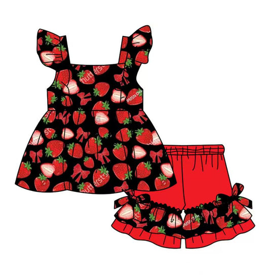 Custom moq 5 mix size milk silk baby girl clothes strawberry bow flying sleeve shorts sets and dresses 2