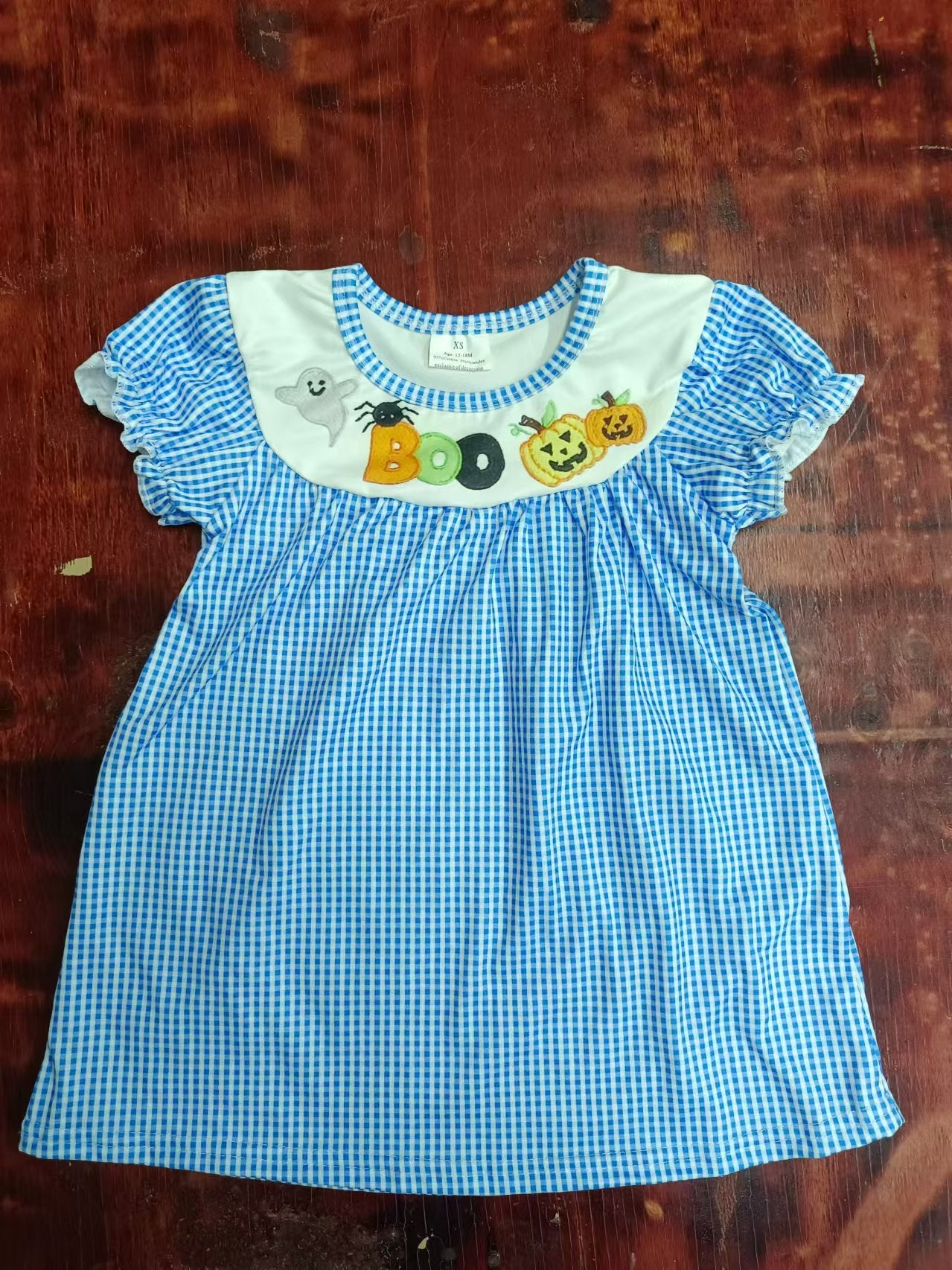 Custom moq 3 eta 6-7weeks Halloween Embroidered Pumpkin Blue Plaid Short Sleeve Dress