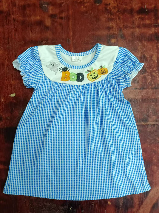 Custom moq 3 eta 6-7weeks Halloween Embroidered Pumpkin Blue Plaid Short Sleeve Dress