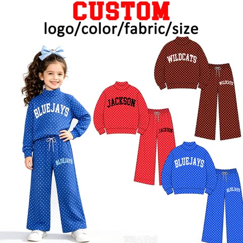 custom moq 5 mix size BYTR0103 Adult High Neck Team Polka Dot Sweatshirt Drawstring Wide Leg Pants Set