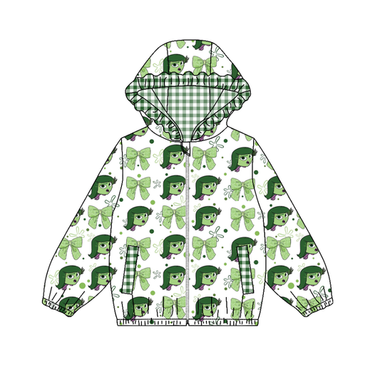 Custom moq 5 mix size milk silk summer baby girls clothes bow green lace hooded long sleeve top-25.11.4