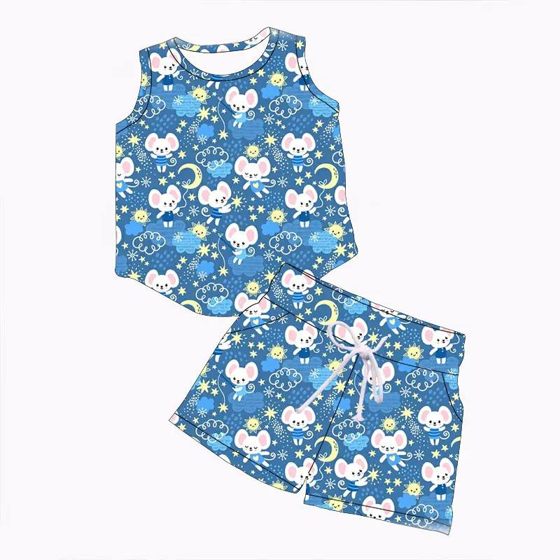 Custom summer baby girls and boy clothes sleevekess shorts set