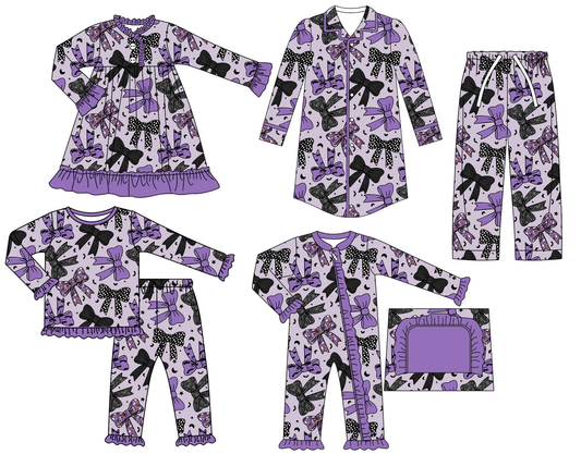Custom moq 5 each style eta 6-7weeks baby girl bow long sleeve pants sets and adult top and adult pants and romper and dress-25.7.14
