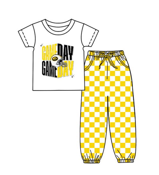 Custom summer teams baby boy clothes team GAME DAY yellow plaid short sleeve pants sets-25.8.22