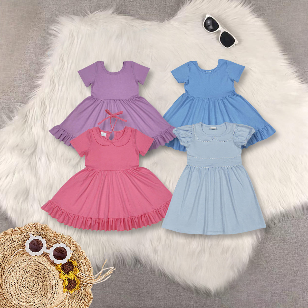 RTS Sibling baby girls clothes solid color short Sleeve dress