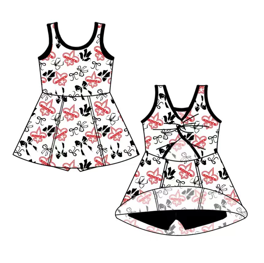 custom moq 5 mix size NB020624 Baby Girls Bow Print Team Yoga Active Sleeveless Shorts Knee Length Dresses