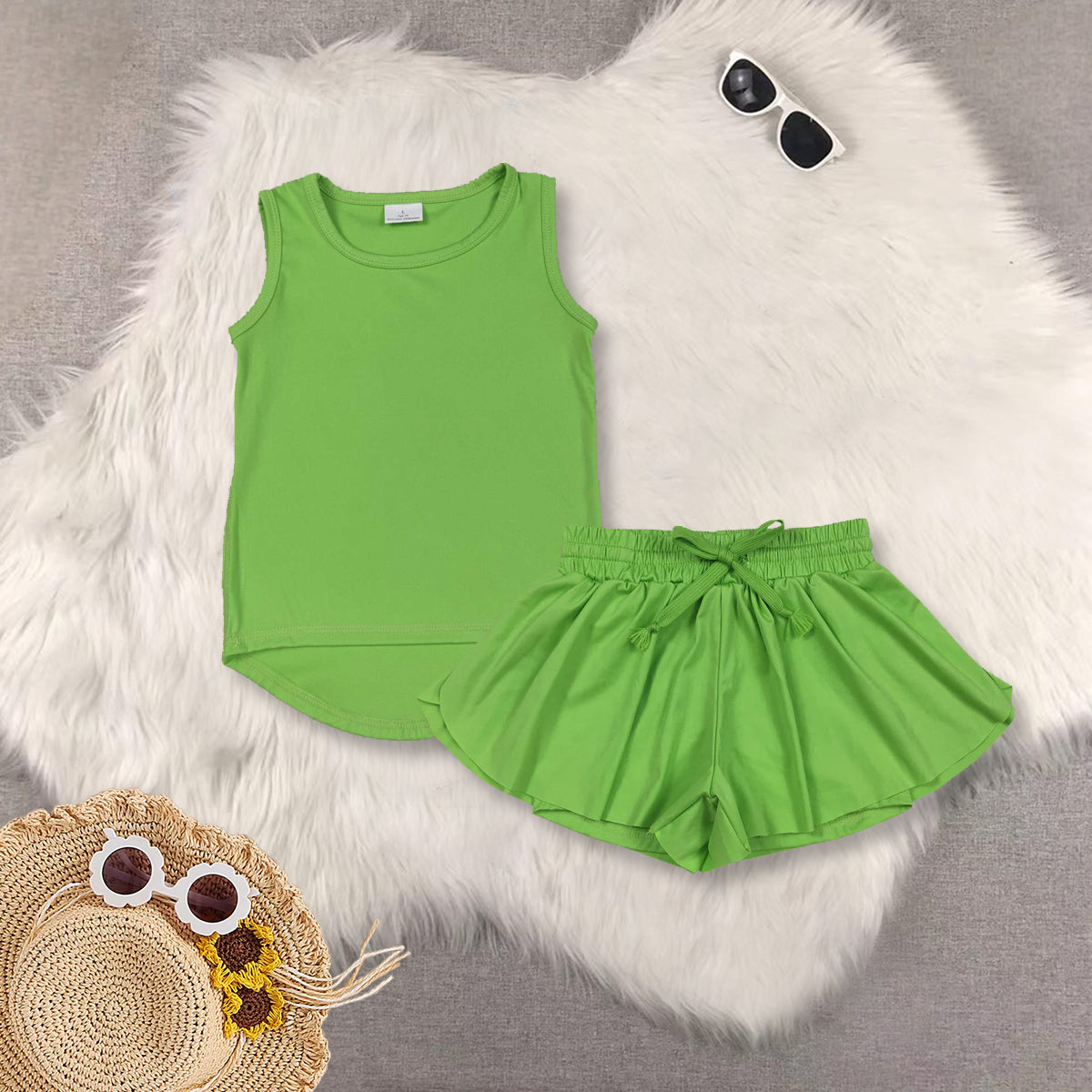 RTS NO MOQ Sibling baby girls clothes yoga solid color short sleeve Clothes Sets-2