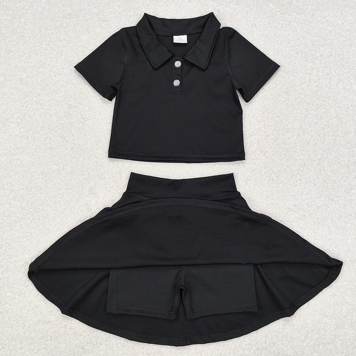 RTS NO MOQ Pure black yoga wear series mixed suit: short skirt suit & long sleeve suit & suspender dress