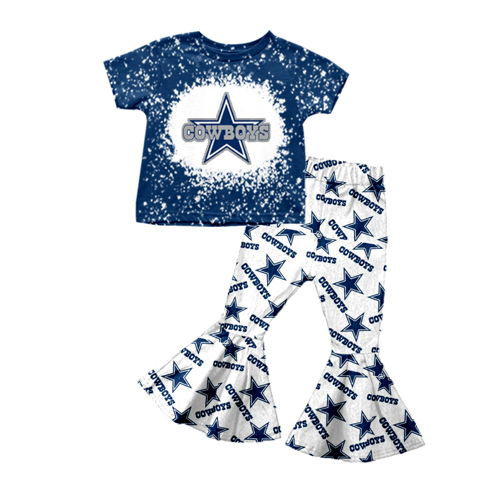 Deadline November 4 custom no moq eta 6-8weeks Blue five-pointed star letter short-sleeved bell-bottom pants suit