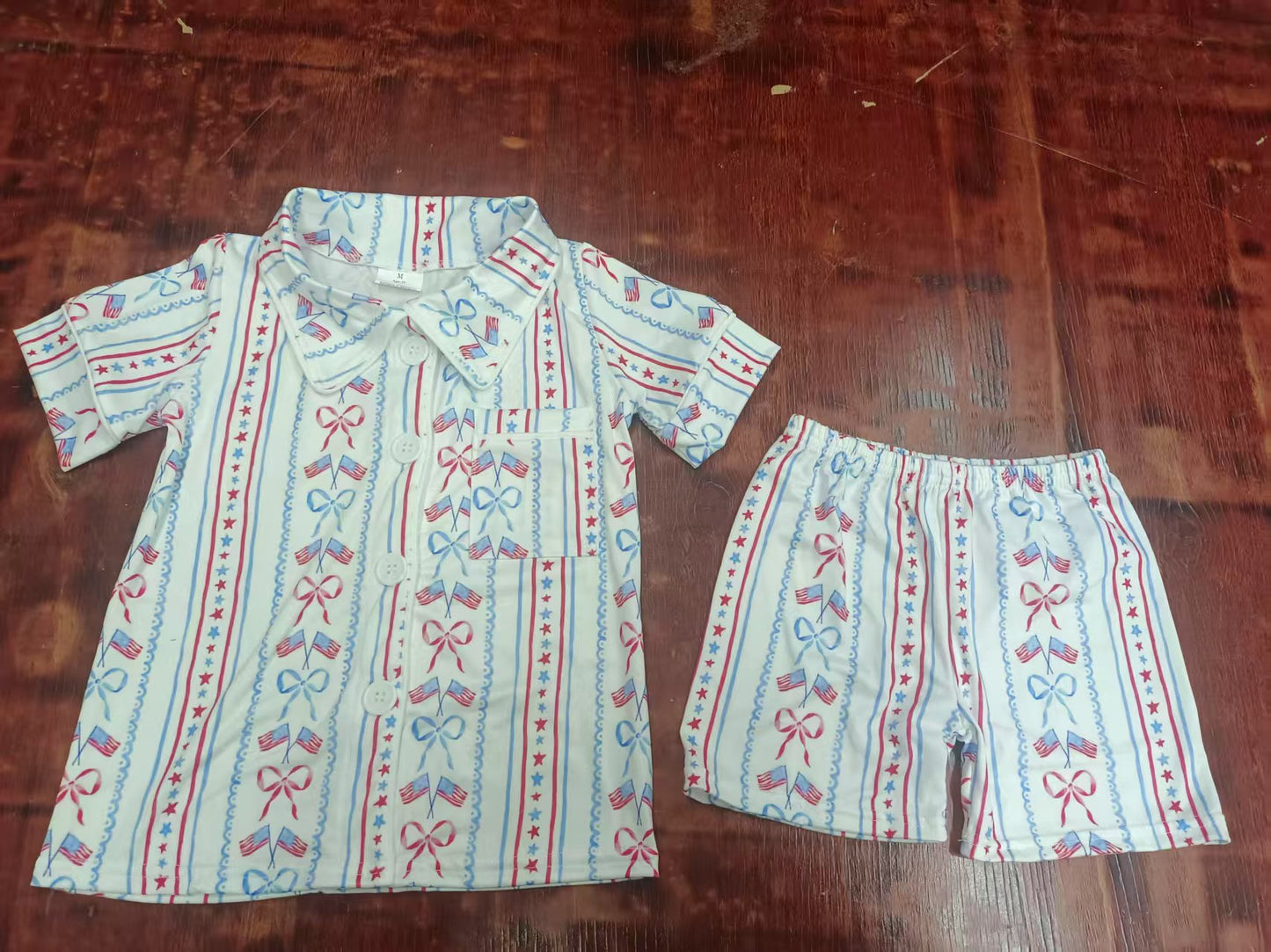 Custom moq 3 eta 6-7weeks baby boys clothes bow flag Short Sleeve shorts sets