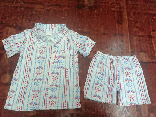 Custom moq 3 eta 6-7weeks baby boys clothes bow flag Short Sleeve shorts sets