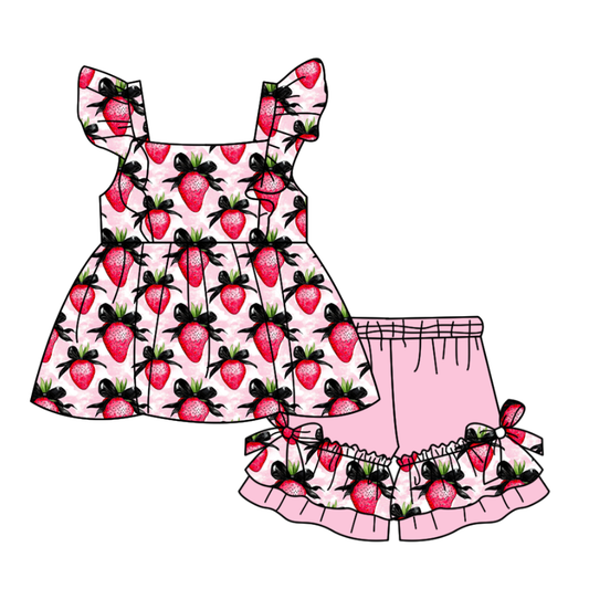 Custom moq 5 mix size milk silk baby girl clothes strawberry bow flying sleeve shorts sets and dresses 2