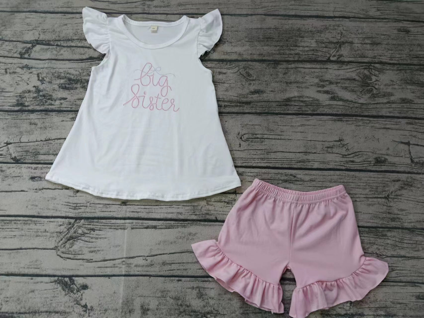 custom moq 5 eta 4-6weeks summer baby girls clothes big sister white flying sleeve pink shorts sets