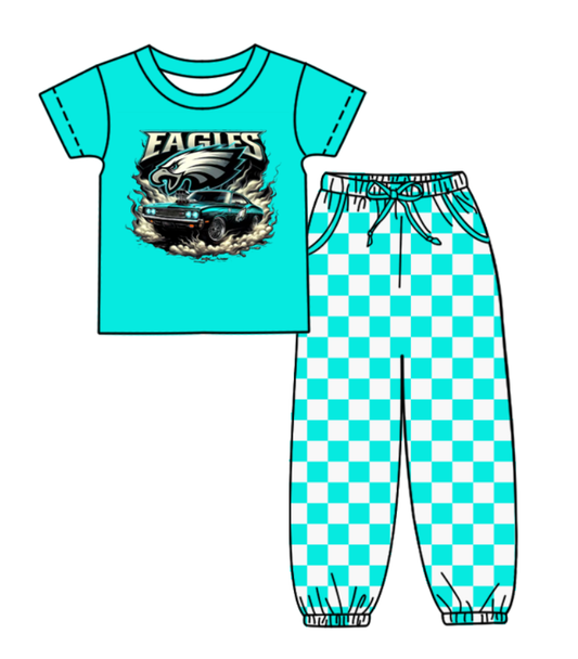 Custom moq 8 mix size milk silk summer teams baby boy clothes teal plaid short sleeve pants sets-25.9.29