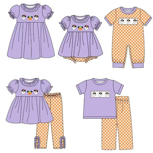 Custom moq 5 each style eta 6-7weeks baby girl clothes halloween purple short sleeve pants set 2 and dress and rompers 2-25.8.9