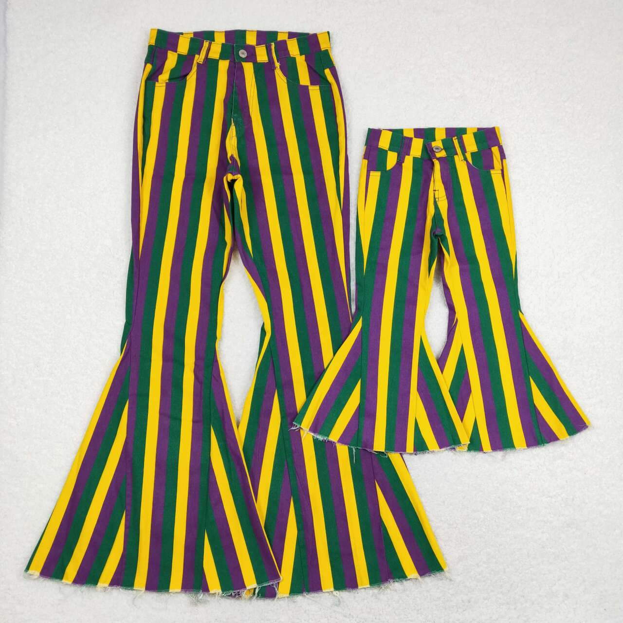 RTS NO MOQ Adults women and Baby Girls green, yellow and purple vertical striped denim flared pants