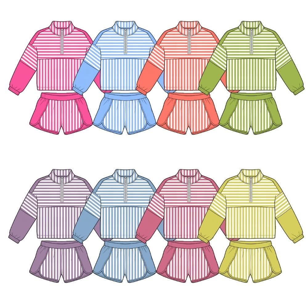 (Pre Order) No moq Baby Girls Stripe Half Zip Pullover Top Elastic Waist Shorts Two Piece Yoga Active Clothes Sets