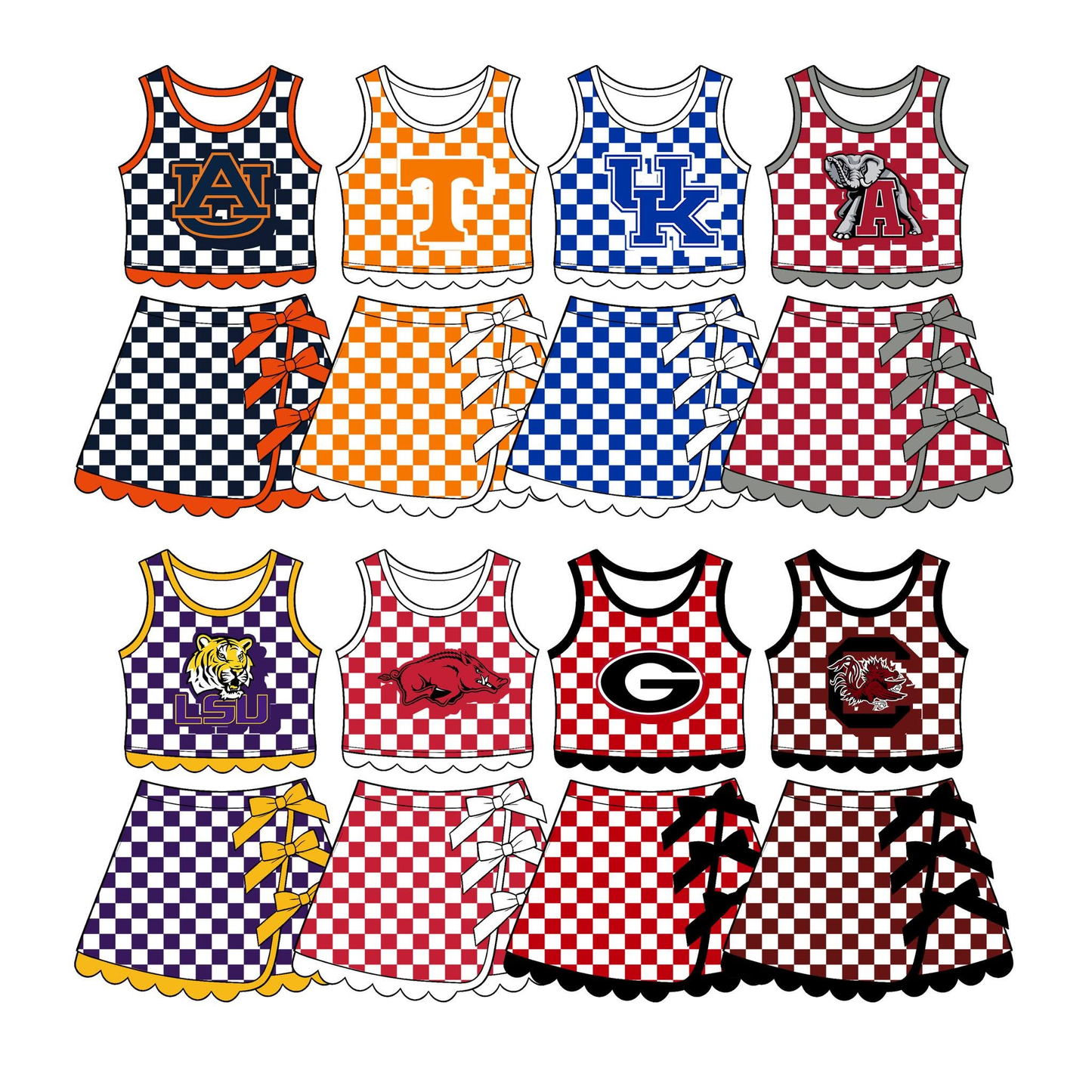 (Preorder new) No moq Baby Girls Checked Print Bow Top Scallop Hem Short Skirt Clothes Set