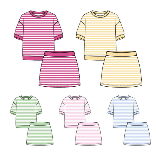(Pre Order) No moq Yoga Baby Girls Summer Striped Short Sleeve Top And Skirt Yoga Set