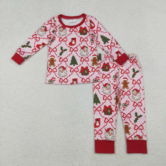 12/18m-7/8t RTS NO MOQ（In Stock) GLP2807 Pink Plaid Long-Sleeved Pants Set with Santa Claus Stocking and Bow Pattern