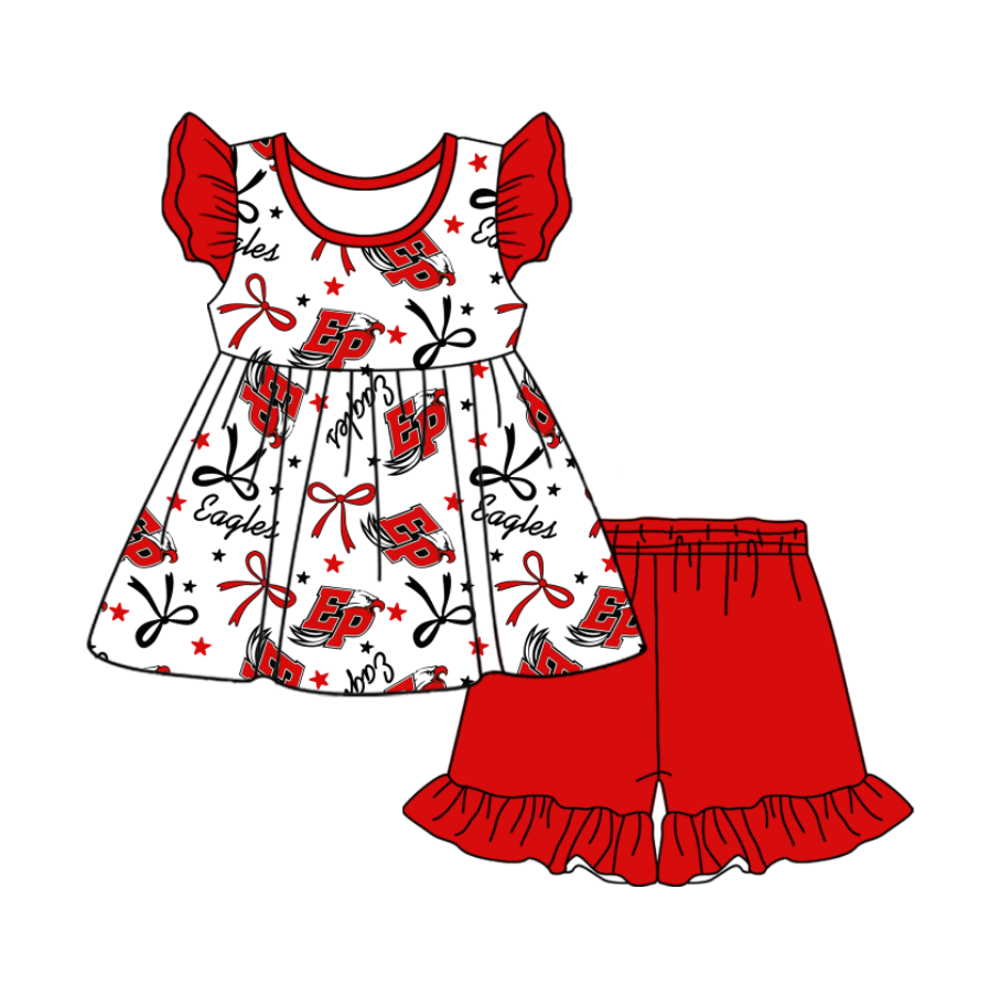 custom moq 3 eta 6-7weeks baby girls clothes team bow red short Sleeves Shorts Set