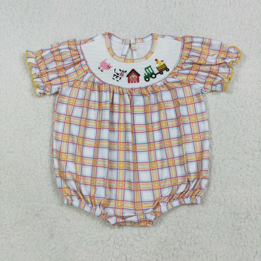 RTS NO MOQ（In Stock) smocked embroidered farm animals red house orange plaid short sleeve jumpsuit