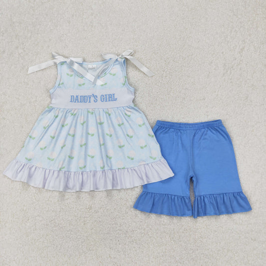 RTS NO MOQ ETA 5/7days Arrived GSSO2152 Embroidered DADDY'S GIRL flower bow lace sleeveless blue shorts set