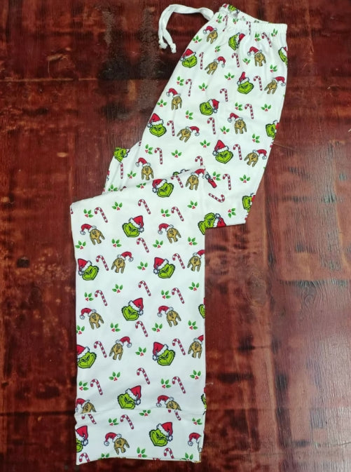 Custom moq 3 eta 6-7weeks Christmas Striped Cane-Green Monster White Adult Straight Drawstring Pants