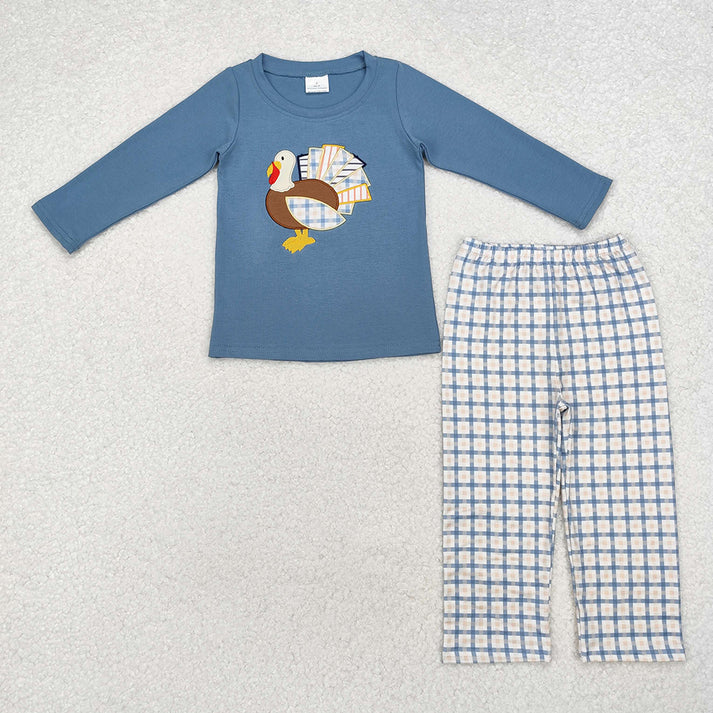 RTS NO MOQ Embroidered turkey pattern denim blue long-sleeved suit & romper & overalls & dress