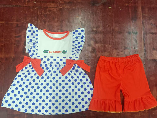 Custom moq 3 eta 6-7weeks baby girls clothes team orange flying sleeve shorts sets