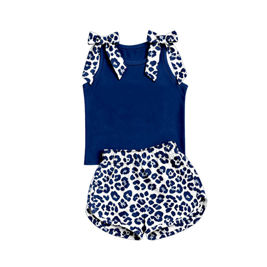 custom moq 5 mix size Baby Girls Leopard Bow Sleeveless Navy Blue Top Leopard Shorts Summer Set