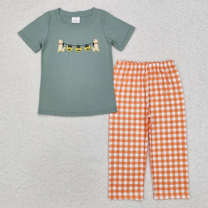 RTS NO MOQ Sibling Baby boy clothes Halloween embrodiery short-sleeved trousers suits