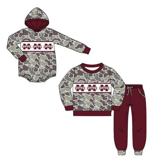 Custom moq 5 mix size milk silk summer teams baby boys clothes camouflage dark red hooded long sleeve pants sets and romper-25.10.20